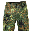 German army issue Flecktarn camouflage combat pants with durable fabric and multiple pockets for field use.