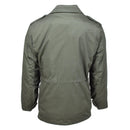Rear view of olive drab MFH Brand U.S. Army style M65 field jacket with durable fabric and military design.