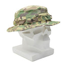 Camouflage military tactical boonie hat with mesh ventilation and MOLLE loops displayed on a white mannequin head.