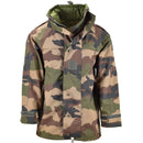 Genuine French Military waterproof trilaminate field rain jacket with CCE camouflage pattern and reinforced elbows.