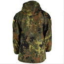 Back view of original German army GoreTex Flecktarn camouflage waterproof rain jacket with hood and adjustable sleeves