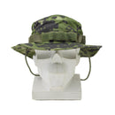 Danish M84 camo boonie hat with wide brim, vent holes, chinstrap, and ripstop fabric on white mannequin head.