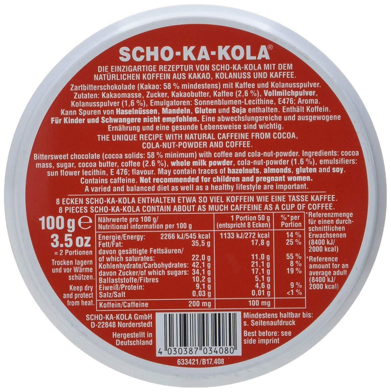 Duitse energie donkere chocolade Scho-Ka-Kola cafeïne & cola noot 100 g tin blikje