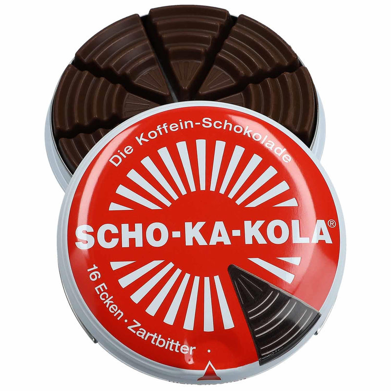 Duitse energie donkere chocolade Scho-Ka-Kola cafeïne & cola noot 100 g tin blikje