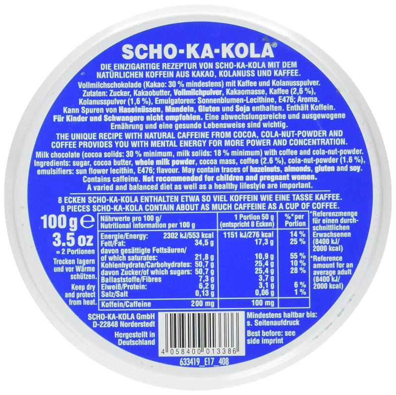 Duitse energie Melk chocolade Scho-Ka-Kola Volle Milk 100 G Tin Can Blauw