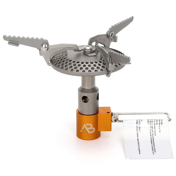 A.Blochl AB-16 lichtgewicht titanium campinggasbrander met verstelbare vlam en stevige pannendragers voor trekking.