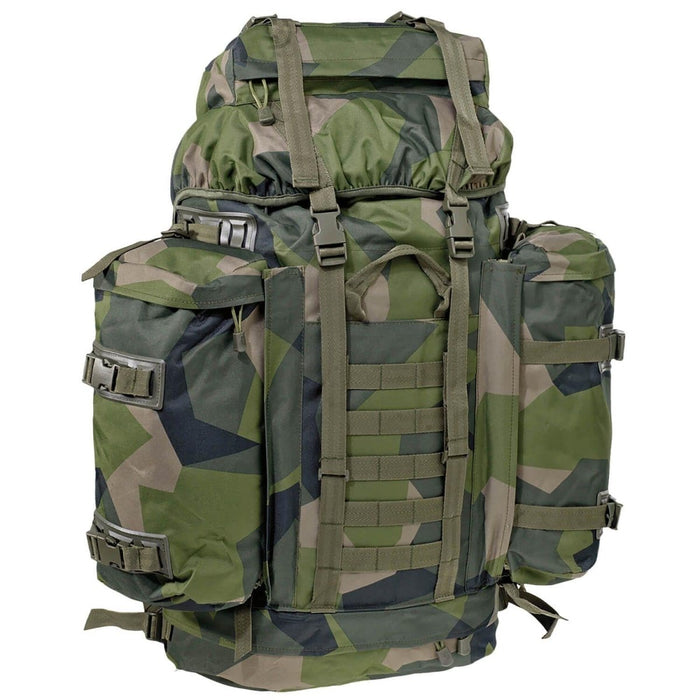 A.Blochl grote 80L M90 camo bergwandelrugzak met gevoerde riemen, D-ringen, Molle-lussen en meerdere opbergvakken.