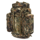 A large flecktarn camouflage A.Blochl tactical backpack with multiple compartments and adjustable straps.