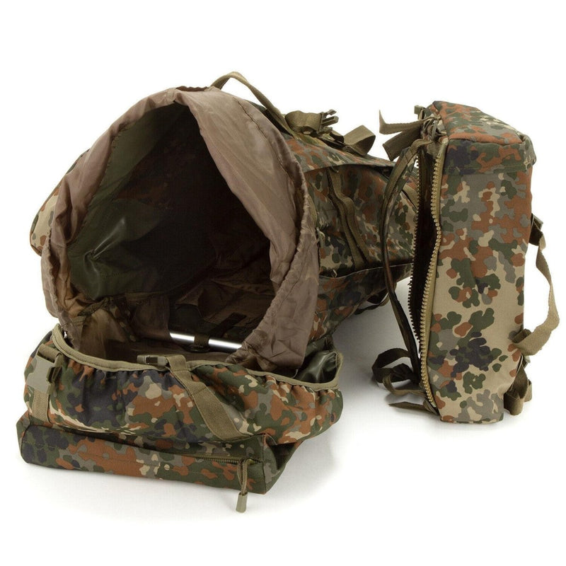 Large A.Blochl flecktarn camouflage mountain trekking backpack with open main compartment and detachable side pocket