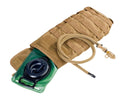 Coyote-colored MOLLE hydration pack with 3-liter bladder and changeable drinking tube for hiking and outdoor use
