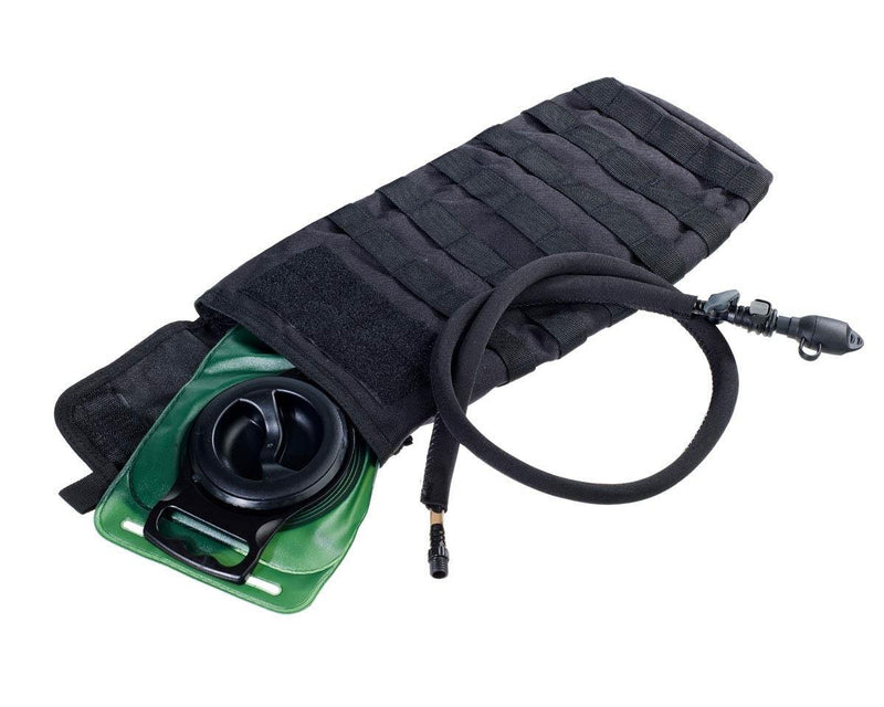 Black A.Blochl TF1 hydration pack with 3-liter water bladder and MOLLE attachment for trekking and hiking use