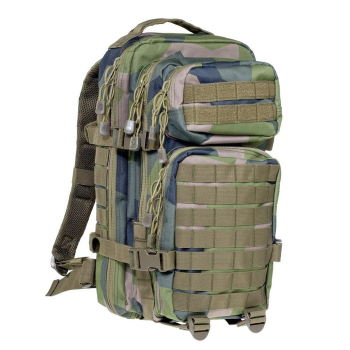 A.Blochl tactische rugzak 30L met Zweedse splinter M90-camouflage, MOLLE-lussen, gevoerde riemen en snelsluiting.