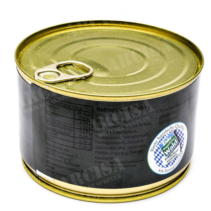 Noodrantsoen Leger Survival Food ingeblikt Servisch varkensvleesvlees met rijst 400 g blik