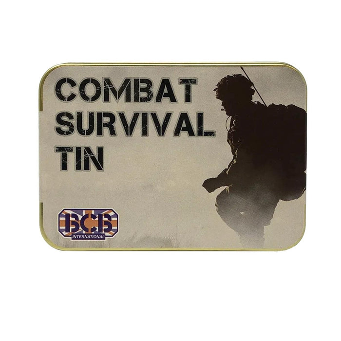 Combat Survival Tin met silhouetontwerp en 'BCB'-logo op een witte achtergrond