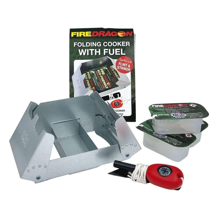 BCB FireDragon folding camping cooker with fuel blocks and a fire starter for portable outdoor cooking and hiking trips
