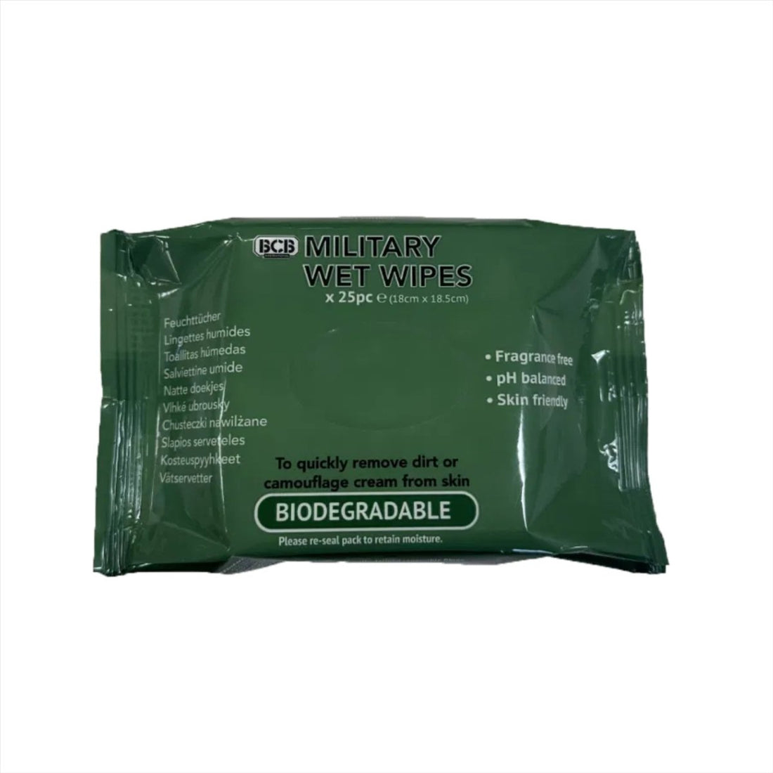 BCB Militaire vochtige doekjes, 25 stuks, biologisch afbreekbaar, huidvriendelijk, pH-gebalanceerd