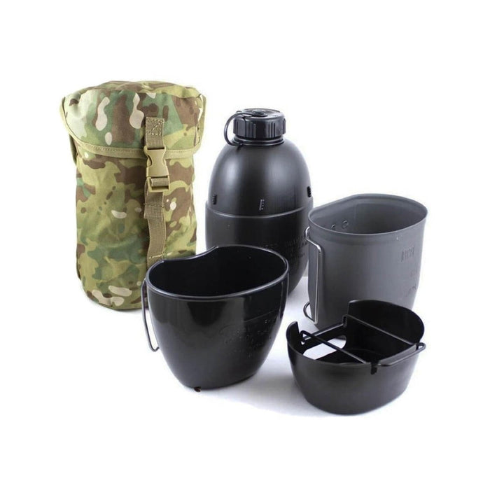 BCB Multi-Fuel kooksysteem met aluminium kooktoestel, veldfles, kookbeker, drinkbeker en multicam-tasje voor op de camping
