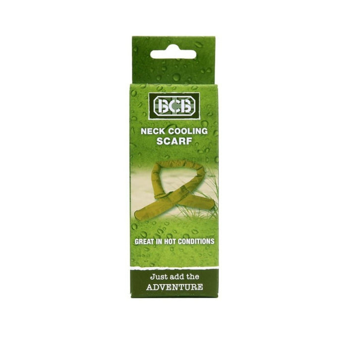 Groene verpakking van een nekverkoelende sjaal met BCD-branding op een witte achtergrond