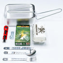Outdoor hiking cooking set with mess tin, cutlery, fire striker, multi-fuel cooker, and can opener kit