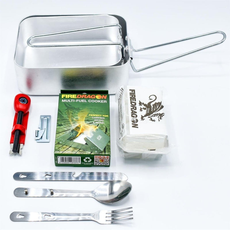 Outdoor hiking cooking set with mess tin, cutlery, fire striker, multi-fuel cooker, and can opener kit