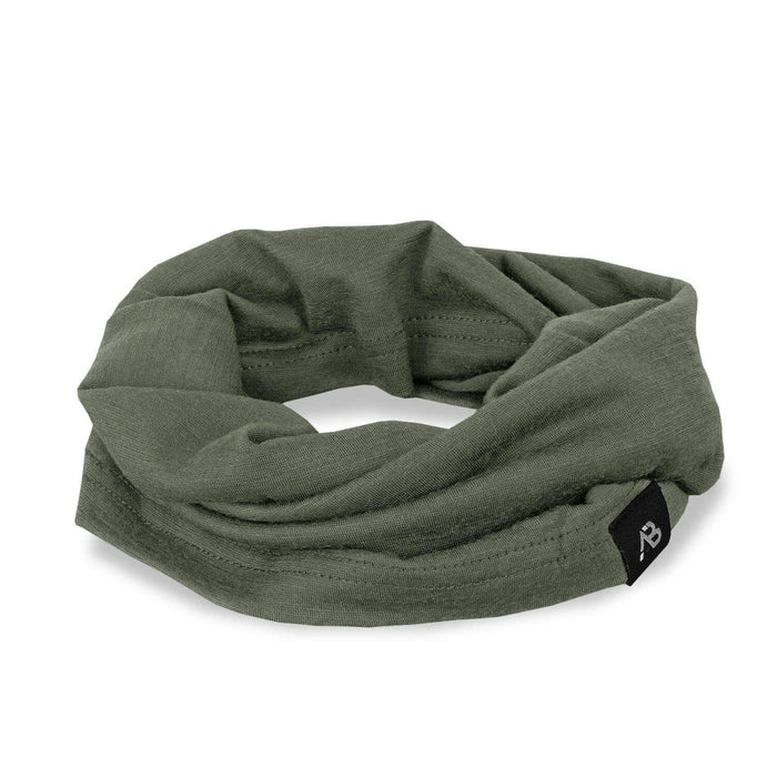 Green neck gaiter with a brand logo on a white background