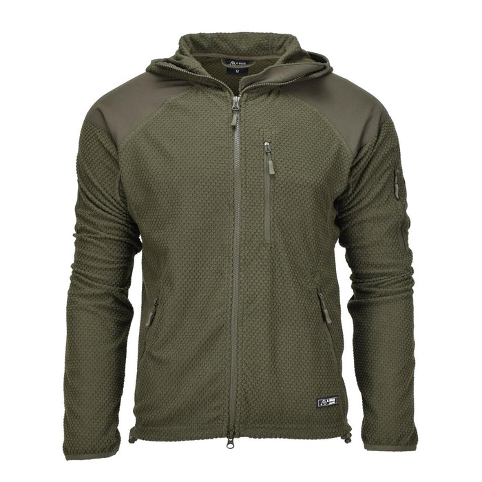 Olijfgroen Blohl fleecejack in militaire stijl met capuchon, versterkte schouders en ellebogen en zakken met ritssluiting aan de voorkant.