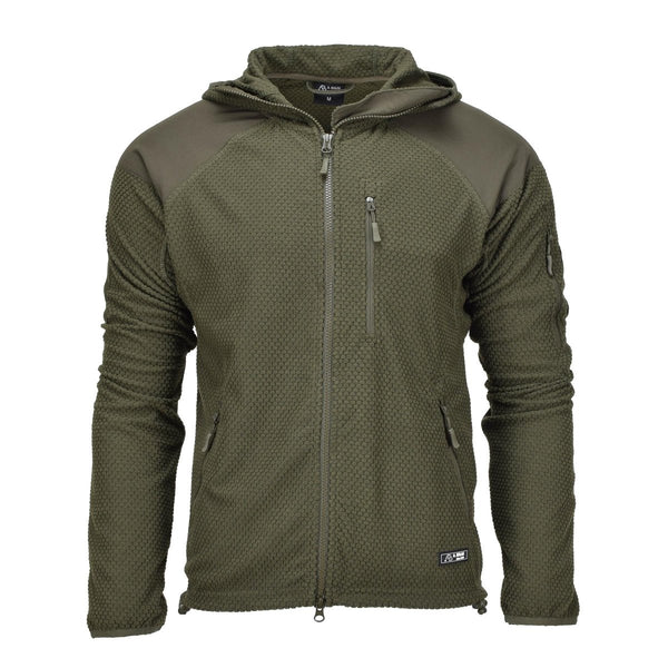 Olive green Blochl military-style fleece jacket with hood, reinforced shoulders and elbows, and front zipper pockets.