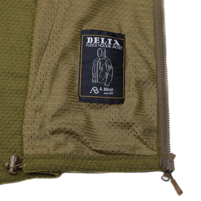 Close-up of A Blochl Delta fleece hoodie jacket label inside olive green thermal military-style jacket lining