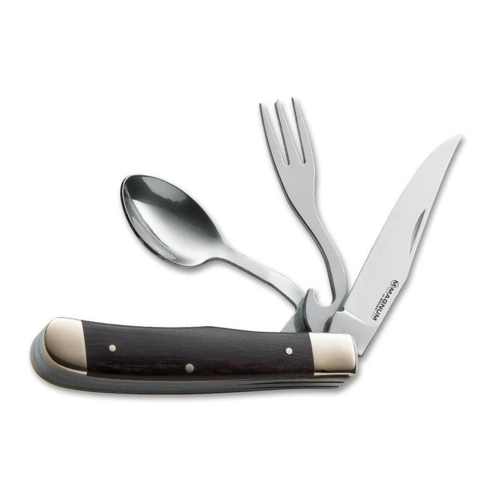 BOKER Bon Appetite zakbestekset met mes, vork, lepel gemaakt van 440A staal en houten handvat
