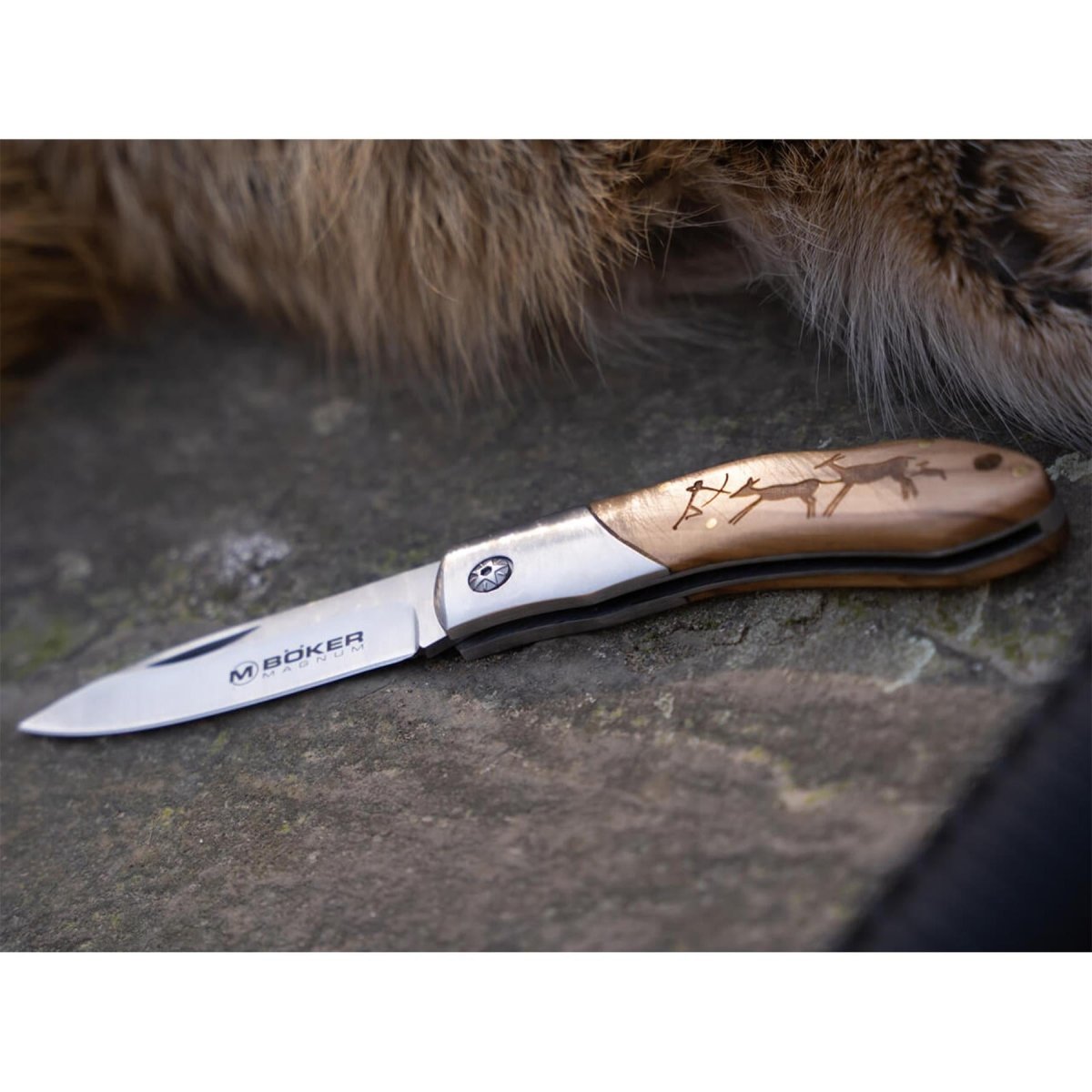 BOKER Caveman Steel zakmes 440A ongecoat staal versierd houten handvat