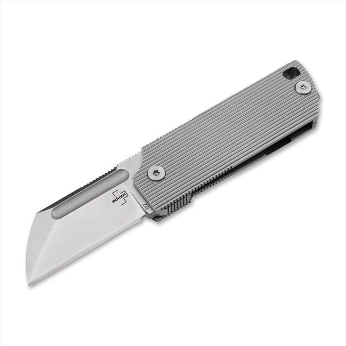 Boker Plus BabyX opvouwbaar zakmes met D2 roestvrijstalen lemmet en grijs getextureerd handvat, compact ontwerp