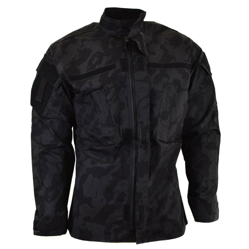 Brand military style combat jacket in ACU ripstop fabric with night camo pattern and multiple pockets for tactical use.