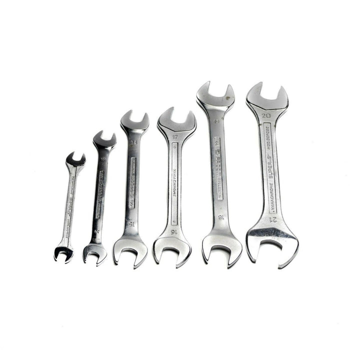 Set van zes Facom metrische steeksleutels in de maten 11 mm, 14 mm, 16 mm, 18 mm, 20 mm en 21 mm, gerangschikt op een witte achtergrond.