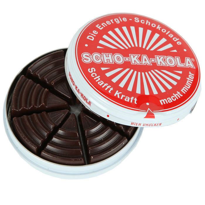 Duitse energie donkere chocolade Scho-Ka-Kola cafeïne & cola noot 100 g tin blikje