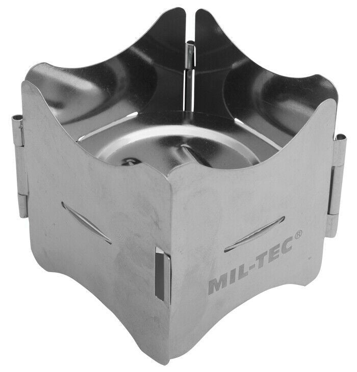 Foldable stainless steel camping stove by MIL-TEC with compact, lightweight design for outdoor cooking and easy assembly.