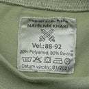 Close-up of the label inside a Czech Military olive long-sleeved shirt showing size and fabric details