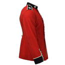 Genuine British army scarlet red dress tunic with black cuffs, gold buttons, and white trimmed collar and epaulets.