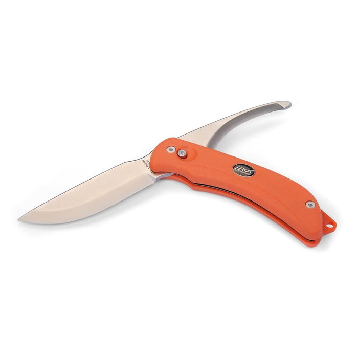 EKA Zweeds vissersmes G3 met darmhaak, 59 HRC stalen lemmeten en oranje Proflex ergonomisch handvat.
