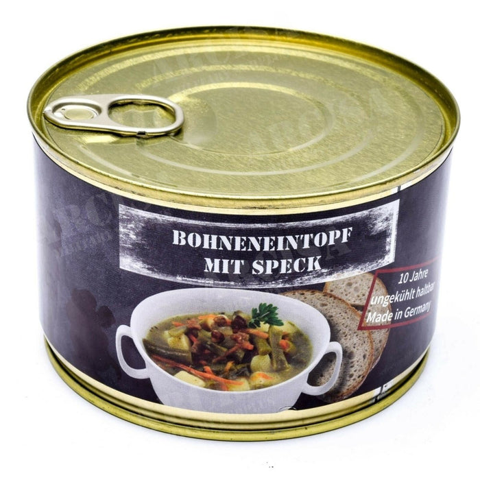 400 g blik Duits noodrantsoen bonenstoofpot met spek, lange houdbaarheid en energierijk overlevingsvoedsel.