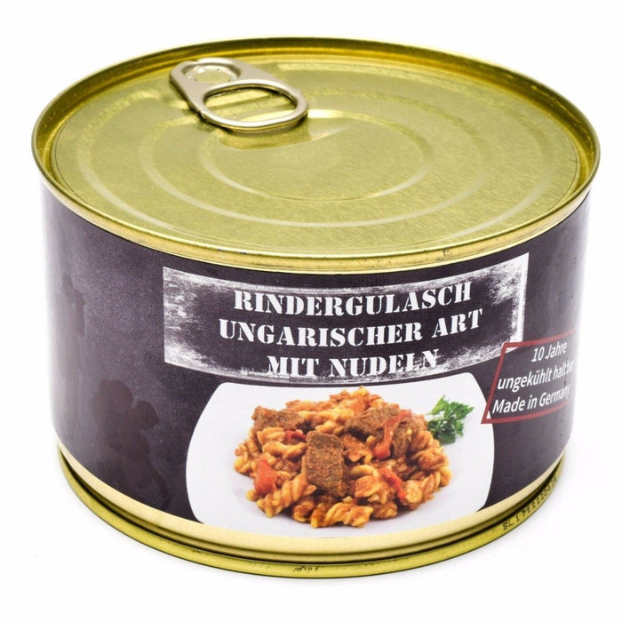 Noodrantsoen Hongaarse rundvleesgoulash in blik 400 g met noedels, lange houdbaarheid, energierijk overlevingsvoedsel gemaakt in Duitsland.