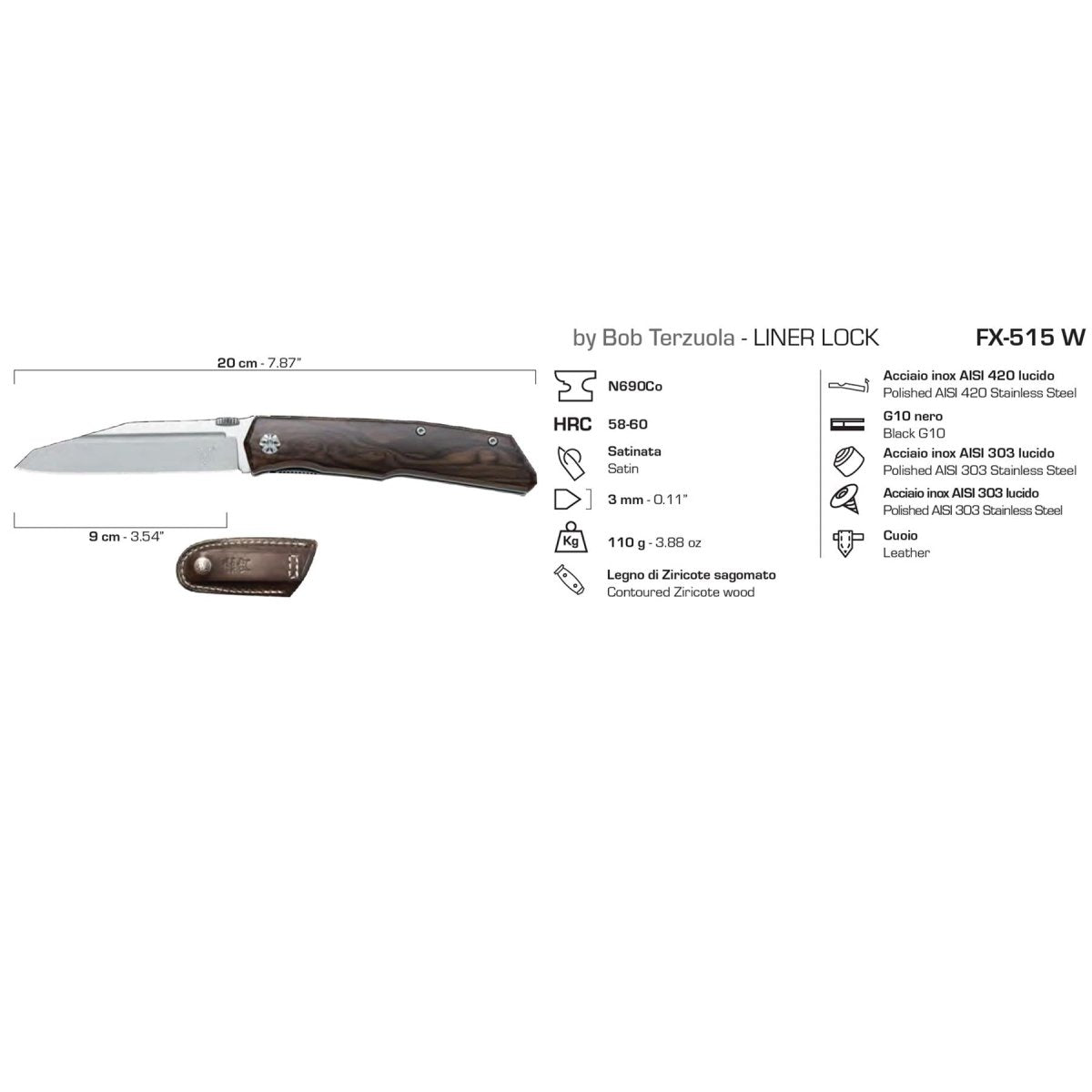 Fox Knives Terzuola Design herenzakmes met gesatineerd ziricote handvat