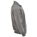 Side view of genuine Austrian Army grey sports jacket with full zip and ribbed cuffs on white background