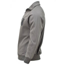 Side view of genuine Austrian Army grey sports jacket with long sleeves and zippered front on white background