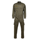 Genuine Austrian military mechanic coverall in olive with cargo pockets, adjustable cuffs, epaulettes, and two-way metal zipper