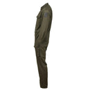 Side view of olive Austrian military mechanic coverall with cargo pockets and adjustable cuffs on white background