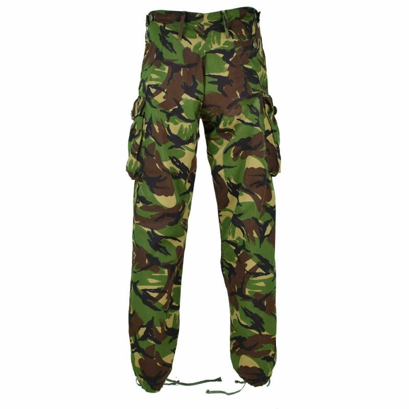 Genuine British Army DPM combat trousers in 95 woodland camouflage with reinforced knees and cargo pockets.