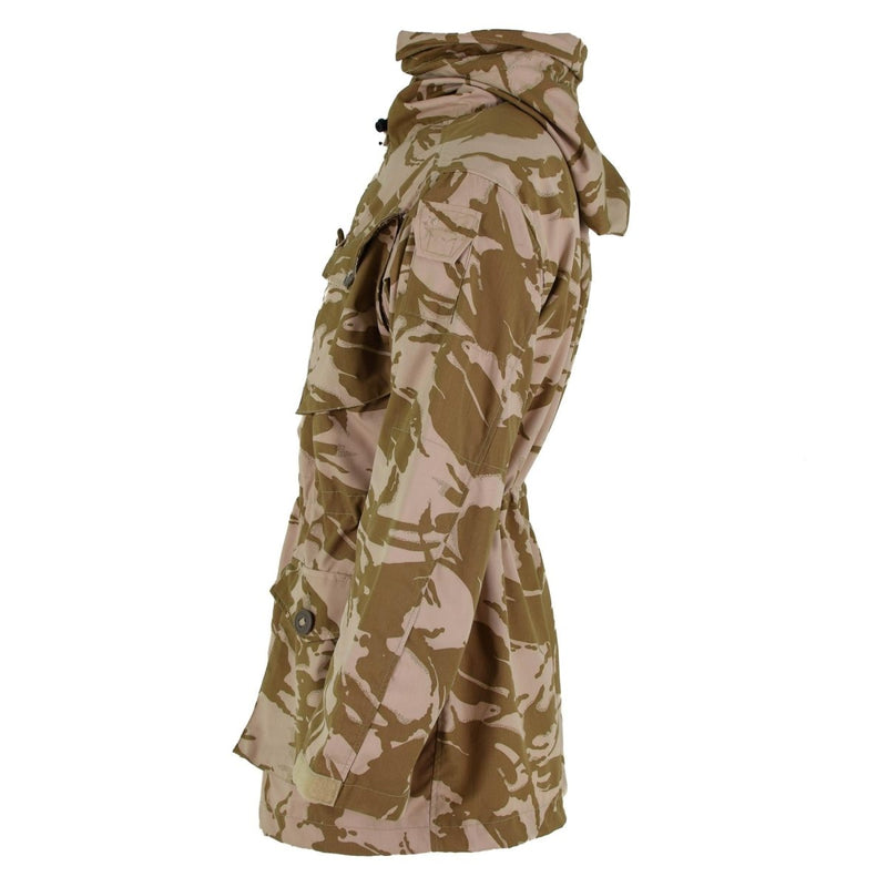 Side view of genuine British army DPM desert camo smock windproof jacket with hood and multiple pockets.