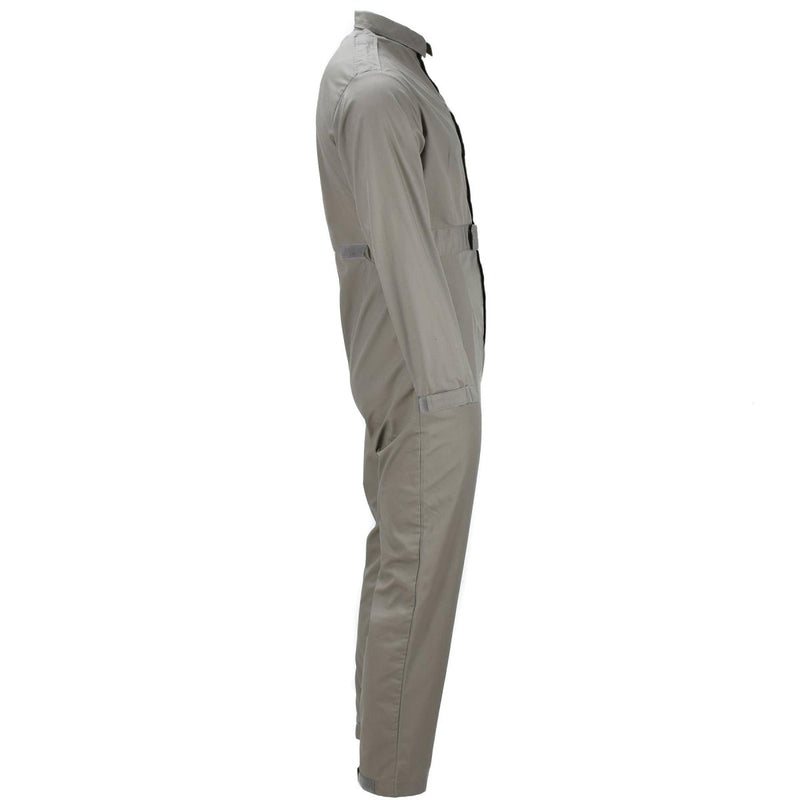 Side view of genuine British grey mechanic coverall with adjustable waist and durable lightweight fabric