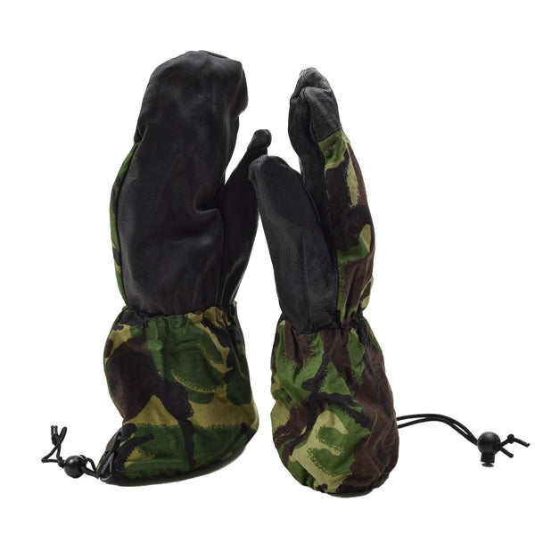 Genuine British Army mittens with leather palm grip in DPM camouflage, designed for durability and cold weather protection.