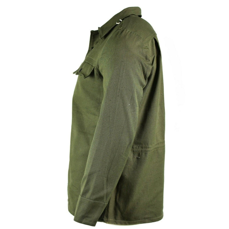 Side view of genuine Bulgarian army olive green field jacket with buttoned chest pocket and long sleeves